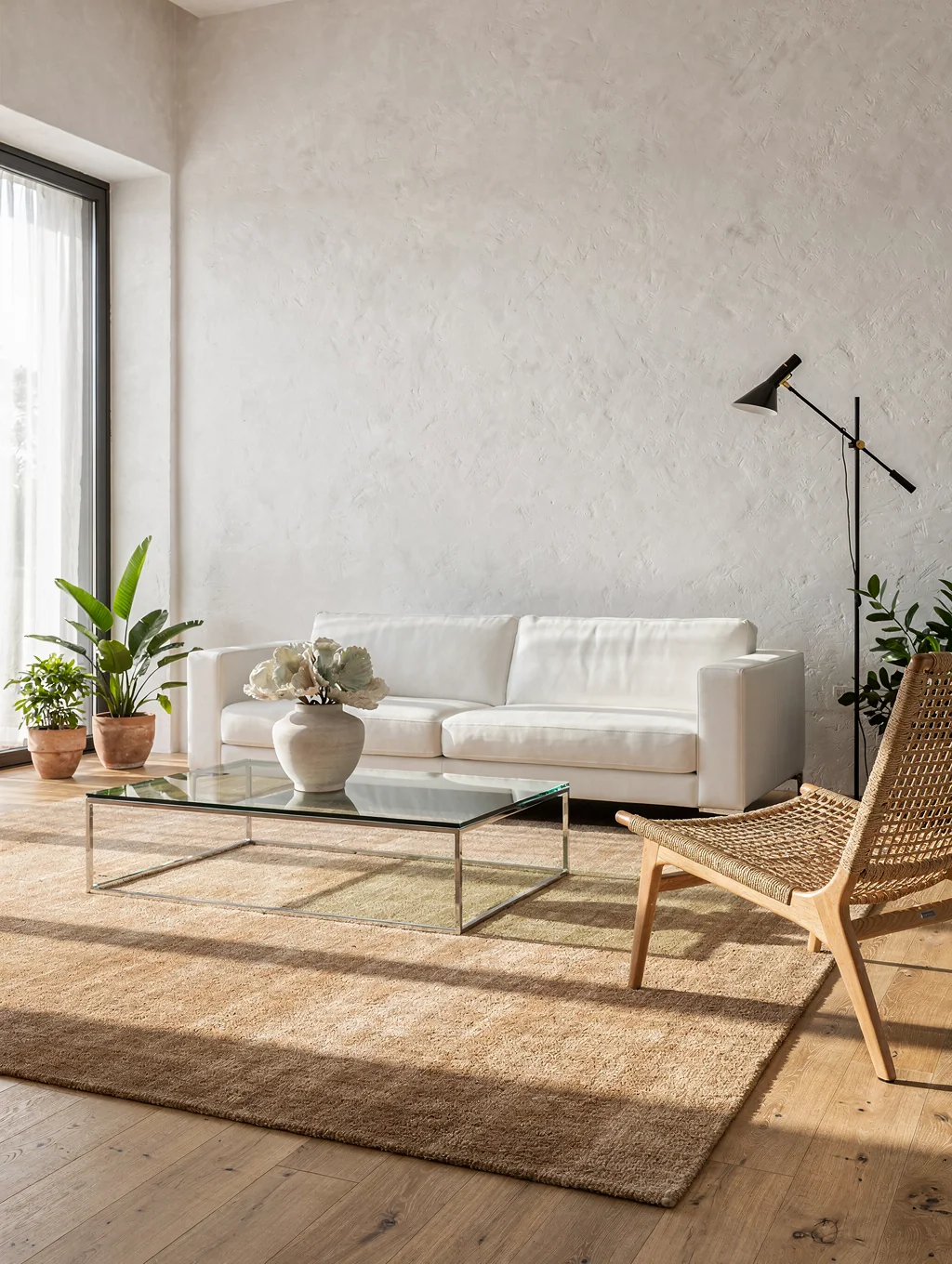 A bright, sunlit living room with spotless surfaces